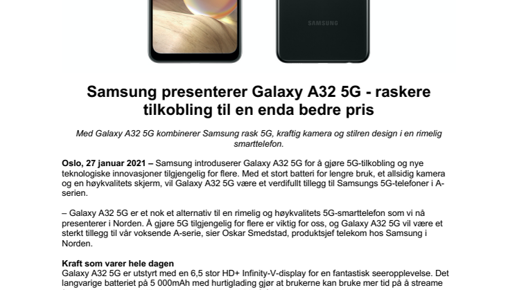 Samsung presenterer Galaxy A32 5G - raskere tilkobling til en enda bedre pris