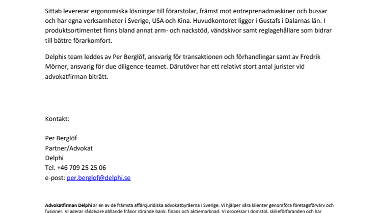 Delphi biträdde Addtech AB (publ) vid förvärvet av samtliga aktier i Sittab AB