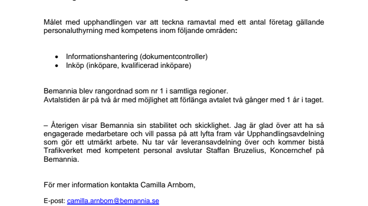 Bemannia tecknar avtal med Trafikverket avseende Inköp och Informationshantering