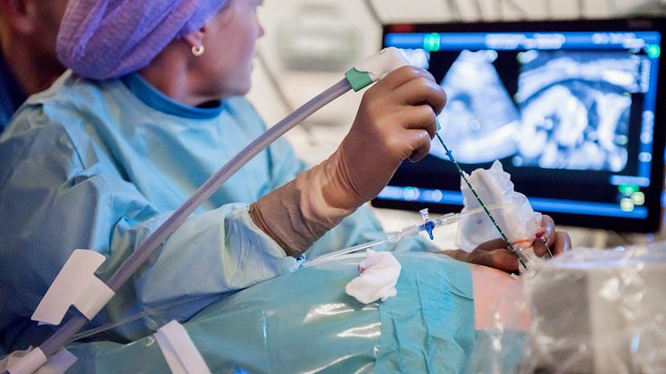 Med hjälp av en nål och avancerad röntgenteknik samt ultraljud, kan läkaren "värma bort" tumörer och metastaser. Här är det radiologen Marie Beerman som utför ingreppet på en patient med en tumör i njuren. Foto: Cecilia Larsson Lantz
