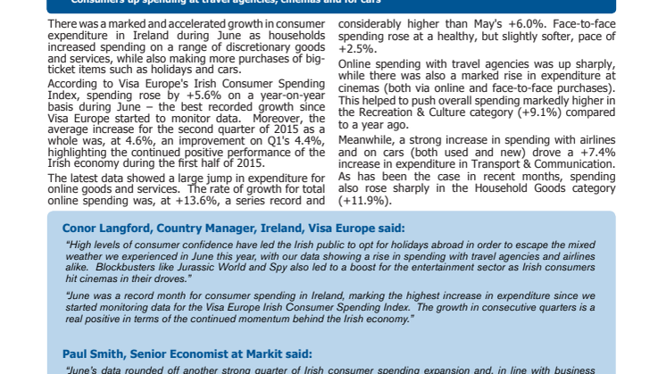 Visa Europe's Irish Consumer Spending Index - 14 July 2015