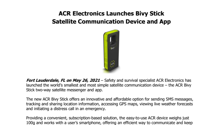ACR Electronics Launches Bivy Stick Satellite Communication Device and App