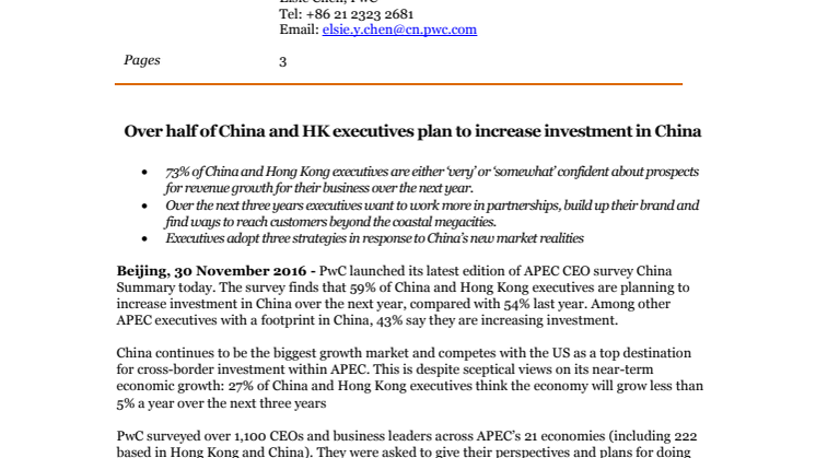 Over half of China and HK executives plan to increase investment in China 