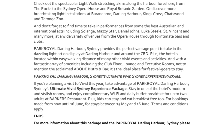 Light Up Your Life with PARKROYAL Darling Harbour, Sydney's Ultimate VIVID Sydney Experience Package