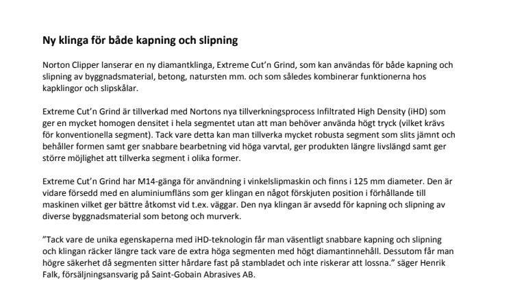 Ny klinga för både kapning och slipning
