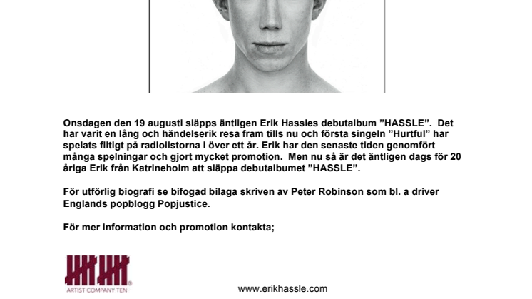 ERIK HASSLE SLÄPPER DEBUTALBUMET ”HASSLE” 19 AUGUSTI 2009