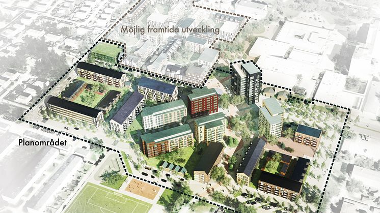 Visionsbild över Bäckby centrum utifrån detaljplaneförslaget.