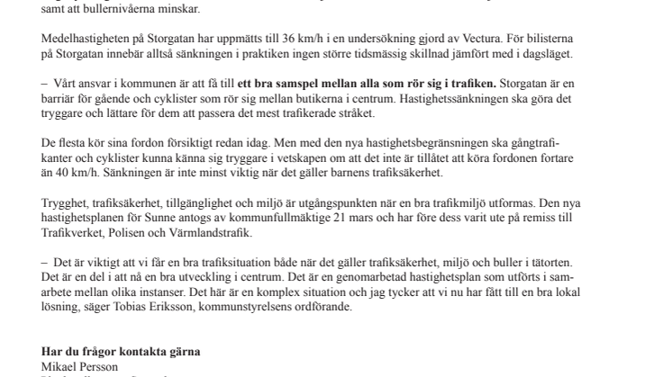 Sänkt hastighet i Sunne tätort för att höja trafiksäkerheten