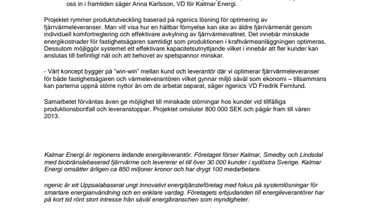Kalmar Energi väljer Uppsalaföretaget ngenic för att utveckla framtidens fjärrvärmetjänster.