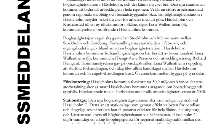 Överenskommelse klar om station för höghastighetståg i Hässleholm