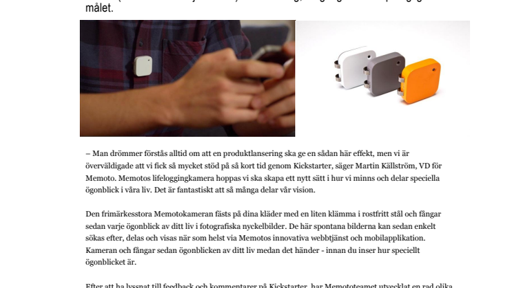 Memotos automatiska kamera har dragit in 3,5 MSEK i crowdfunding