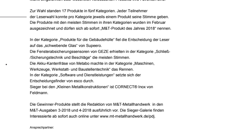 M&T-Metallhandwerk prämiert „Produkte des Jahres 2018“