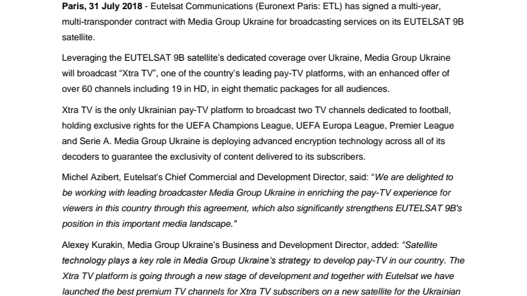 Media Group Ukraine partners with Eutelsat to broadcast its “Xtra TV” television platform