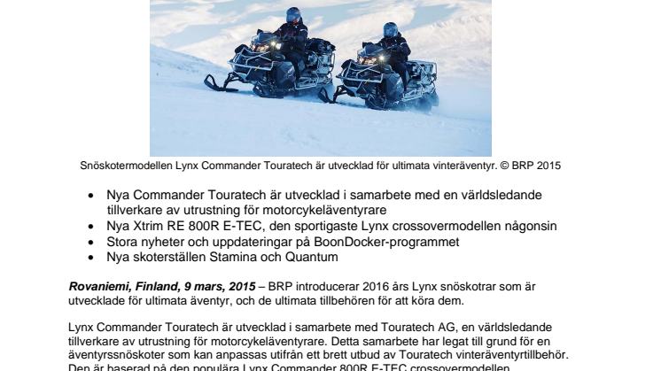 2016 ÅRS LYNX SNÖSKOTRAR FRÅN BRP ERBJUDER DET MEST FULLÄNDADE VINTERÄVENTYRET I EUROPA OCH RYSSLAND