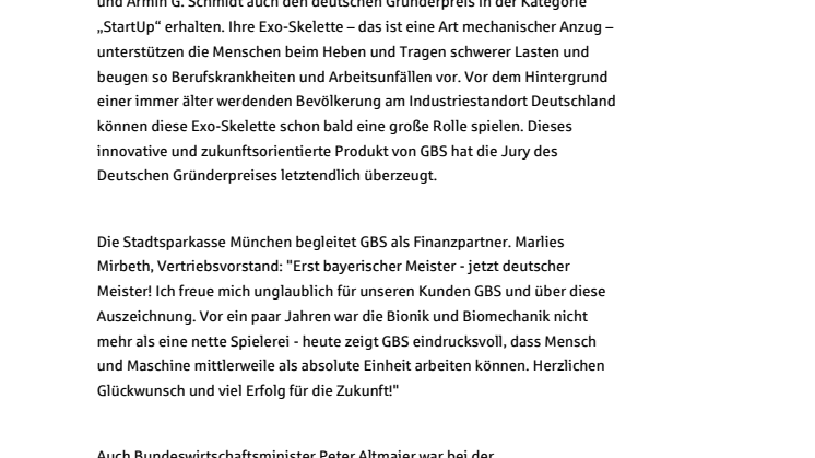 Herzlichen Glückwunsch an German Bionic Systems!  Kunde der Stadtsparkasse München erhält den Deutschen Gründerpreis.