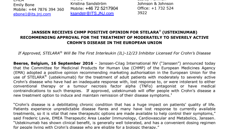 Janssen receives CHMP positive opinion for Stelara (ustekinumab) recommending approval for the treatment of moderately to severely active Crohn’s disease in the European Union