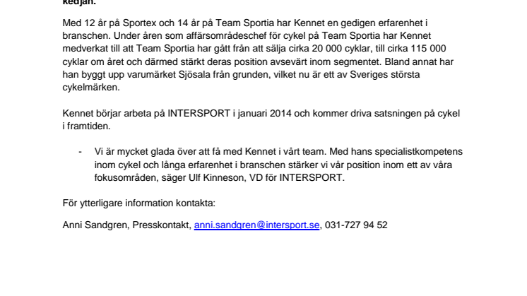 Kennet Forsman blir ansvarig för cykel på INTERSPORT