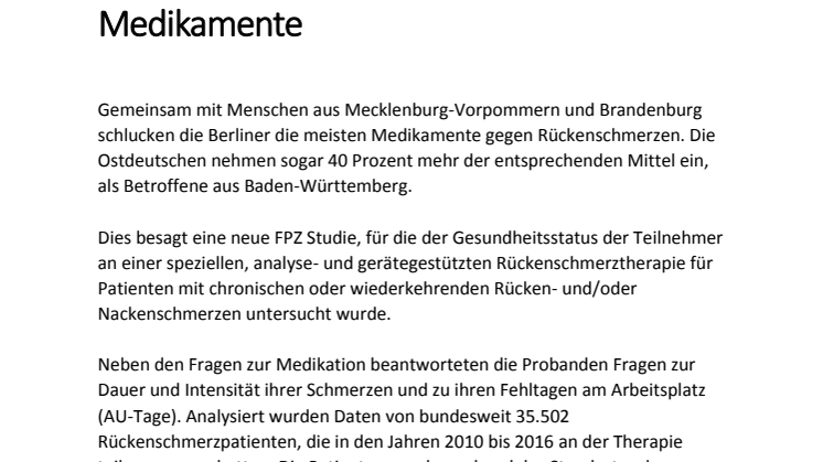 Rückenschmerz im Bundesländervergleich – neue FPZ Studie: Brandenburger und Berliner schlucken die meisten Medikamente