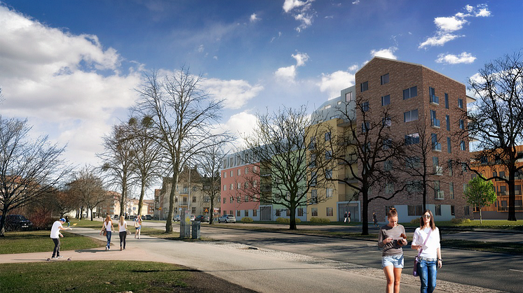 Illustration, Käringbacken 1 och del av Västerås 2:70, fotomontage siktlinje från Köpingsvägen.