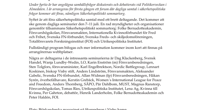 Säkerhetspolitiskt sommartorg på Almedalsveckan