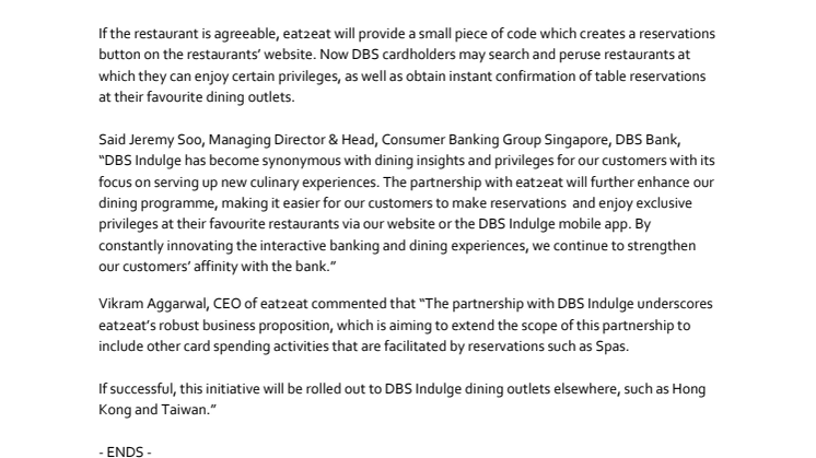 eat2eat Enables DBS Indulge to Offer Online Reservations 
