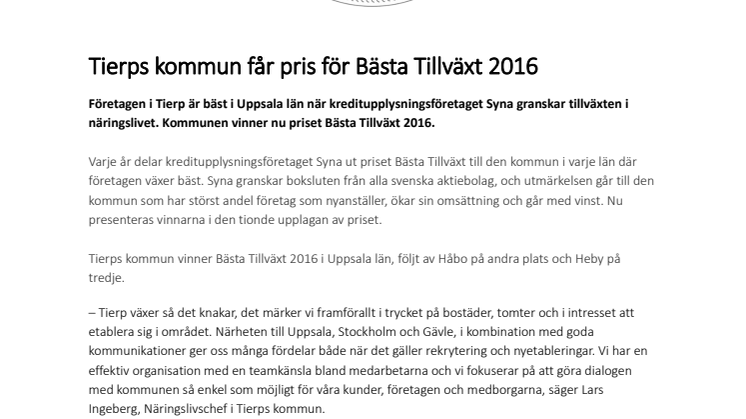 Tierps kommun får pris för Bästa Tillväxt 2016