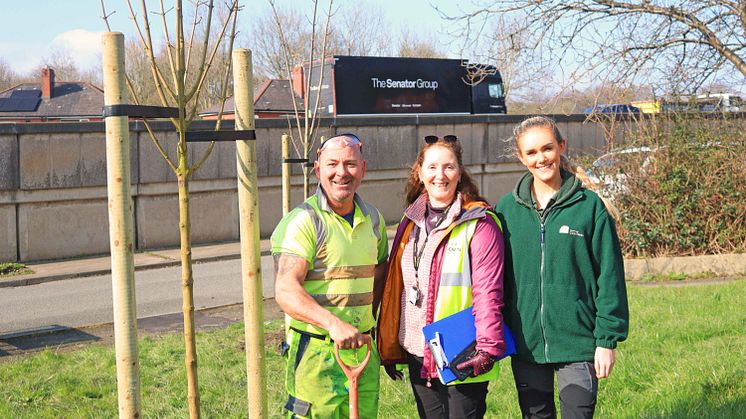 Planting new trees on the Chesham estate are (from left) Gary from Landscape Engineering; Fiona Hill, Home Energy Manager; and Abbie Saul from City of Trees.
