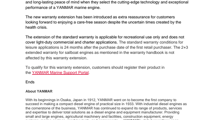 YANMAR Supports Customers with Extended Standard Warranty Period this Summer