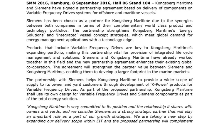 Kongsberg Maritime: Variable Frequency Drives in Focus for new KONGSBERG and Siemens Partnership Agreement