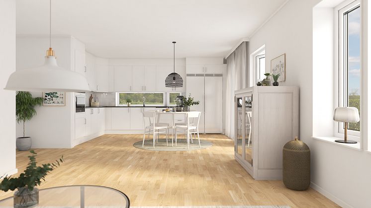 Brf Längtan - 3D-bild av kök/matrum/vardagsrum