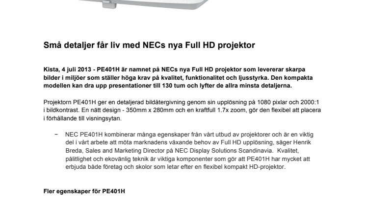 Små detaljer får liv med NECs nya Full HD projektor