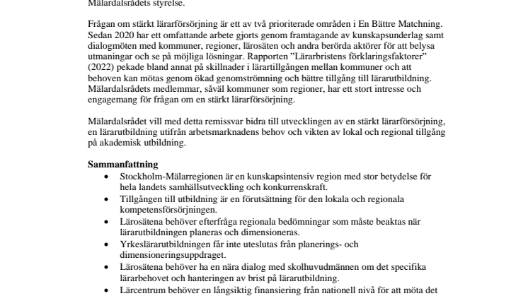 Mälardalsrådets remissvar över betänkandet Ämneskunskaper och lärarskicklighet – en reformerad lärarutbildning.pdf