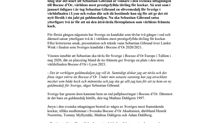 Sebastian Gibrand vinnare i Bocuse d'Or Sverige 2019