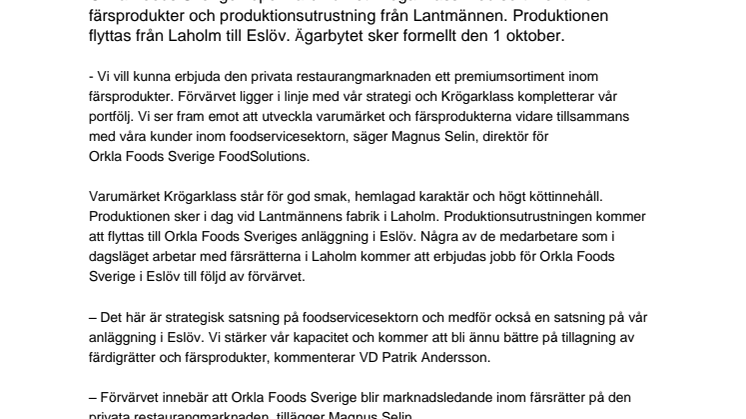 Orkla Foods Sverige köper Krögarklass