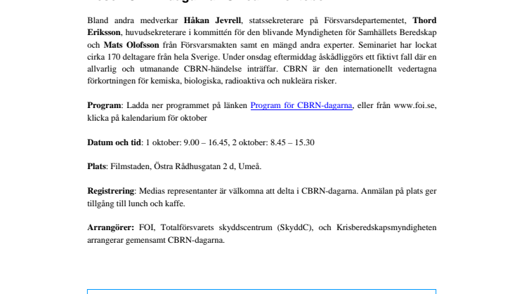Pressinbjudan: Besök CBRN-dagarna i Umeå 1-2 oktober