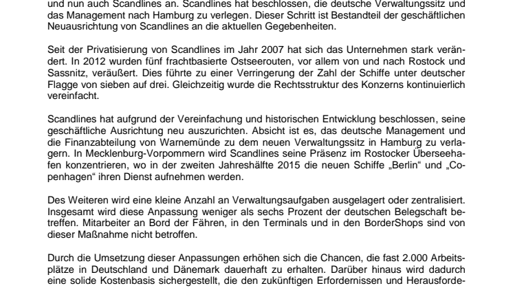 Scandlines verlegt deutschen Verwaltungssitz nach Hamburg
