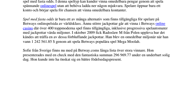 Jackpotvinnare hos Betway! 