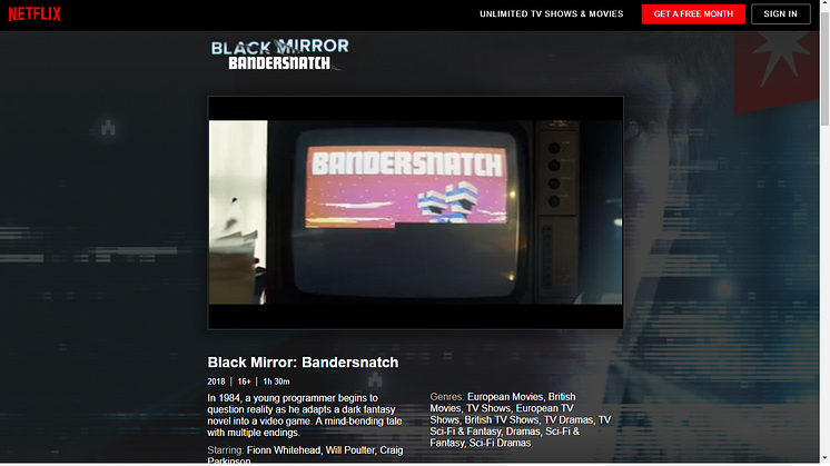A screenshot of the Netflix page for Bandersnatch, a movie in which the viewer can choose the actions of the main character
