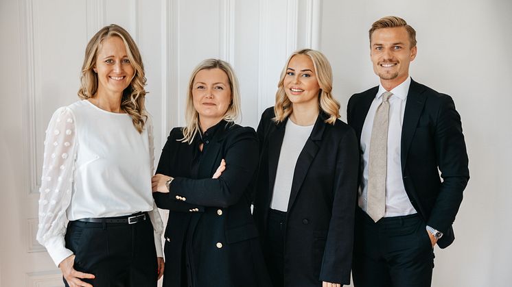 Mäklarteamet i Göteborg växer. Från vänster: Maria Willford, Sarah Gustafsson, Linnéa Gröndal och Jesper Rindmo.