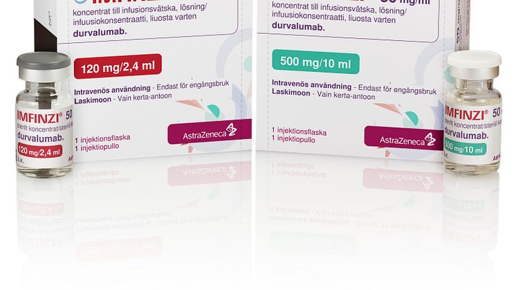 Imfinzi SE-FI-Carton+Vial-120mg+500mg.  Bild får endast användas av medicinsk media.