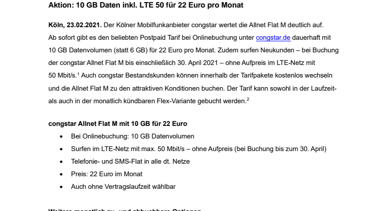 Dauerhaft mehr Datenvolumen für die congstar Allnet Flat M 