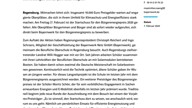 Bayernwerk und Regierung der Oberpfalz starten die neue Runde - Bürgerenergiepreis Oberpfalz