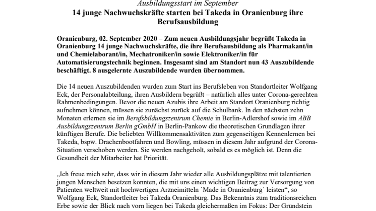 Ausbildungsstart im September: 14 junge Nachwuchskräfte starten bei Takeda in Oranienburg ihre Berufsausbildung