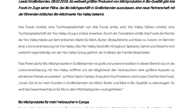 Bio-Produkte: Arla Foods und Yeo Valley gehen Partnerschaft für Milch, Butter und Käse in Großbritannien ein 