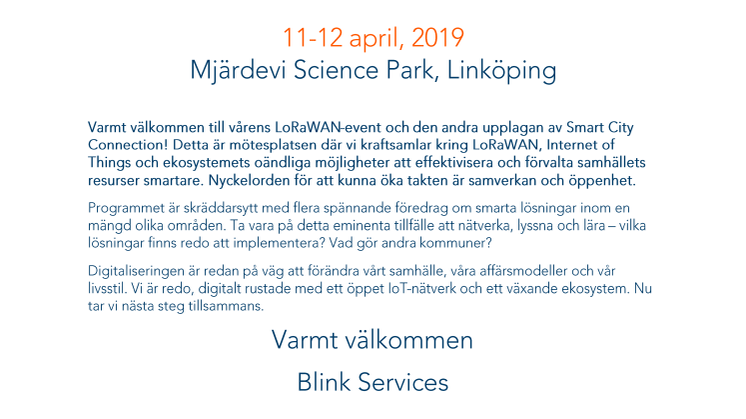 Smart City Connection, 11-12 april, Mjärdevi Science Park, Linköping 
