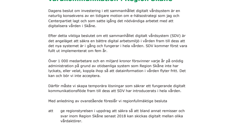 Motion - Säkra fungerande digital vårdkommunikation i Region Skåne