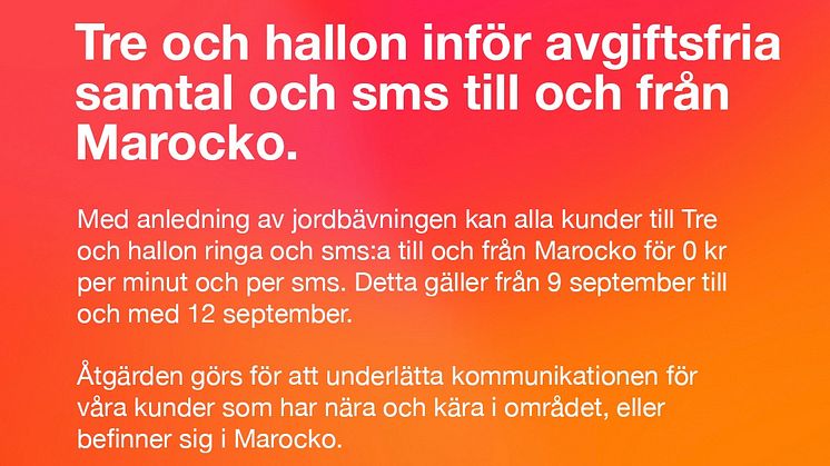 Tre och hallon inför avgiftsfria samtal och sms till Marocko