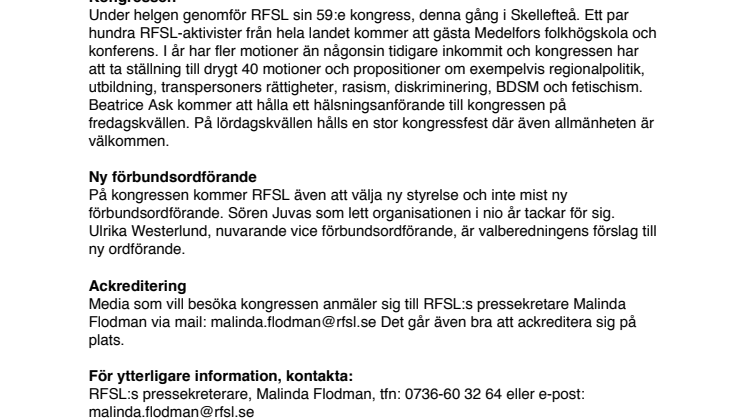Pressinbjudan RFSL:s kongress 7-9 maj