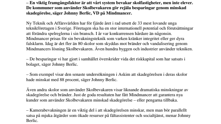Mjuk och intelligent skolbevakning i topp bland unga teknikföretag