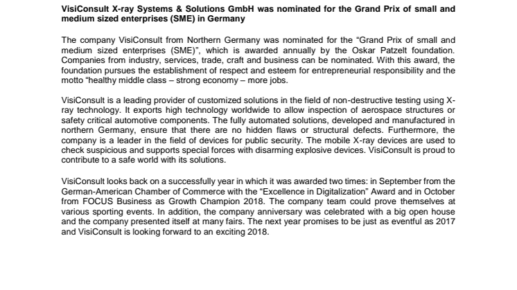 VisiConsult nominated for the “SME Grand Prix”